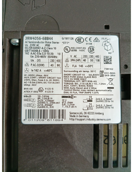 SIEMENS 3RW40566BB44 SOFTSTART S6 90KW 400V